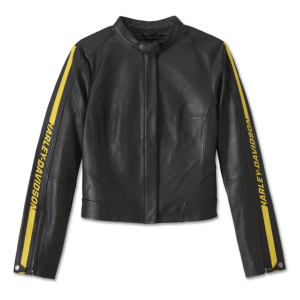 Giacca in pelle nera Harley-Davidson, strisce gialle.