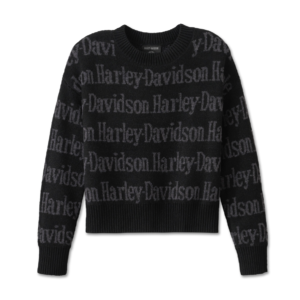 Maglione nero a collo rotondo con motivo Harley-Davidson ripetuto.
