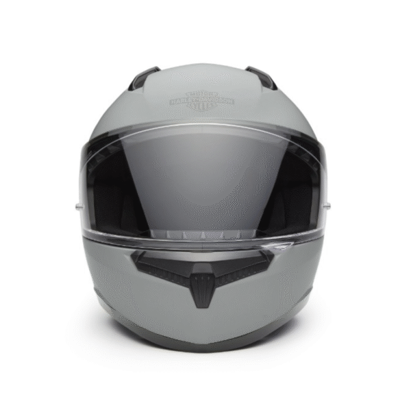 Casco moto grigio Harley-Davidson, visiera trasparente.