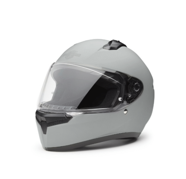 Casco moto grigio opaco Harley-Davidson, visiera trasparente.