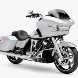 Motocicletta Harley-Davidson argentea, vista frontale.