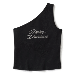 Top nero a spalla unica, logo Harley-Davidson.