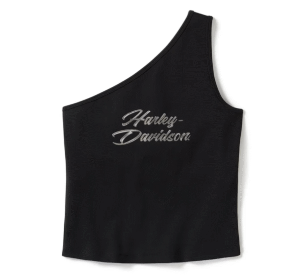 Top nero a spalla unica, logo Harley-Davidson.