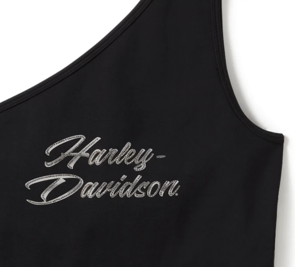 Top nero spalla scoperta, logo Harley-Davidson con strass.