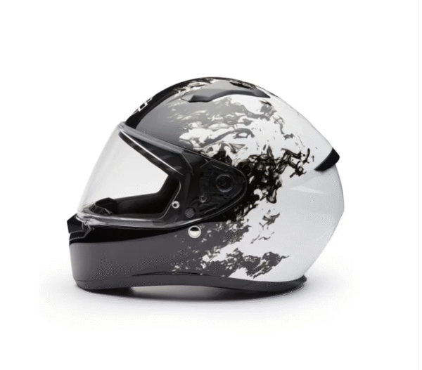 Casco integrale nero e bianco, grafica fumo.