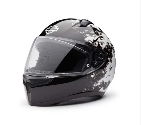 Casco nero e bianco per moto, visiera trasparente.