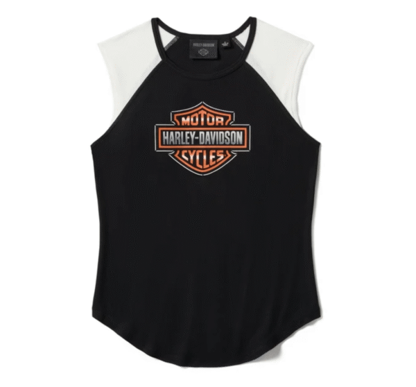 Canotta nera con logo Harley-Davidson, dettagli bianchi.