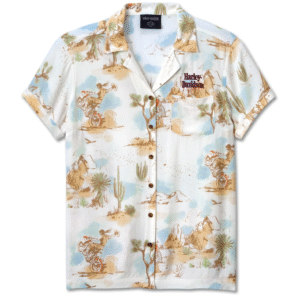 Camicia a maniche corte bianca, stampa western con motociclette Harley-Davidson.