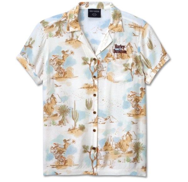 Camicia a maniche corte bianca, stampa western con motociclette Harley-Davidson.