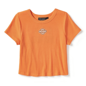 Maglietta arancione a coste, logo Harley-Davidson.
