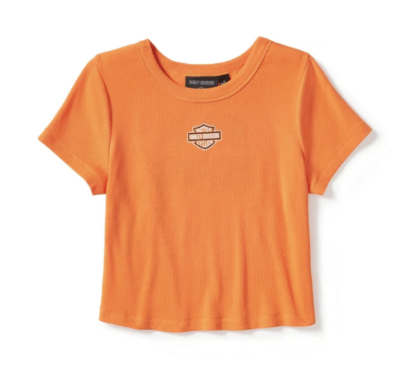 Maglietta arancione a coste, logo Harley-Davidson.