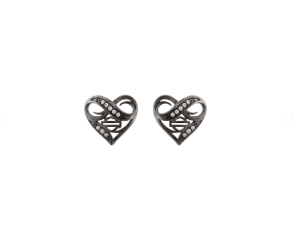 Orecchini a cuore neri con diamanti, simbolo Harley-Davidson.