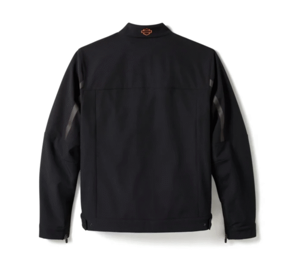 Giacca nera Harley-Davidson, vista posteriore, dettagli grigi.