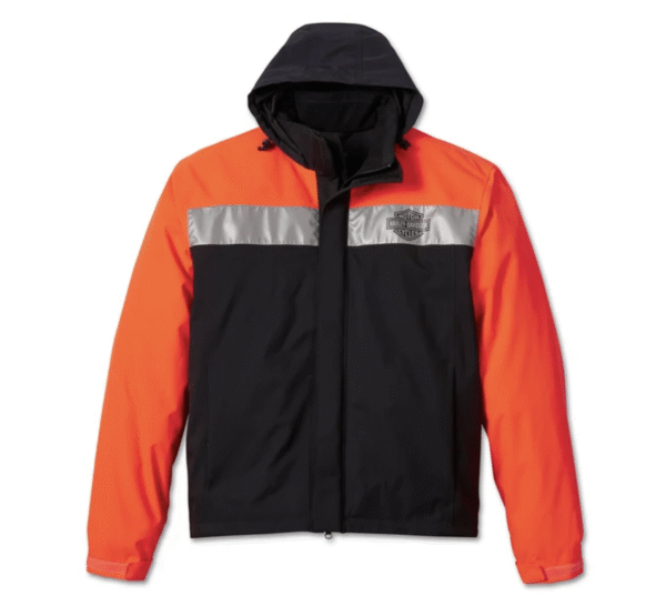 Giacca antipioggia nera e arancione con cappuccio, logo Harley-Davidson.