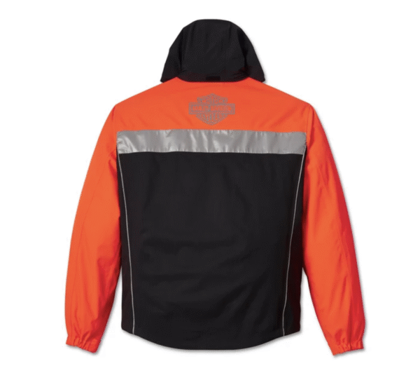 Giacca Harley-Davidson arancione e nera, con bande riflettenti sul retro.