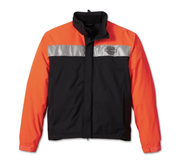Giacca nera e arancione Harley-Davidson, con banda riflettente.