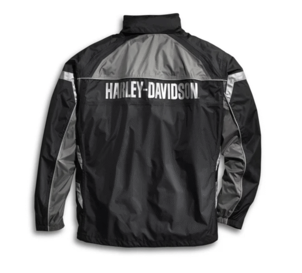 Giacca antipioggia nera Harley-Davidson, dettagli grigi.